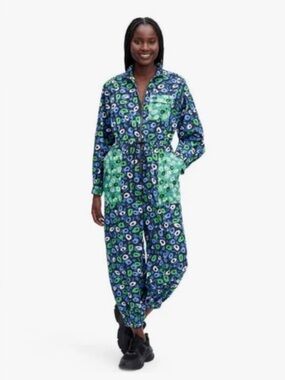 Diane Von Furstenberg Blue and Green Printed Nylon Jumpsuit